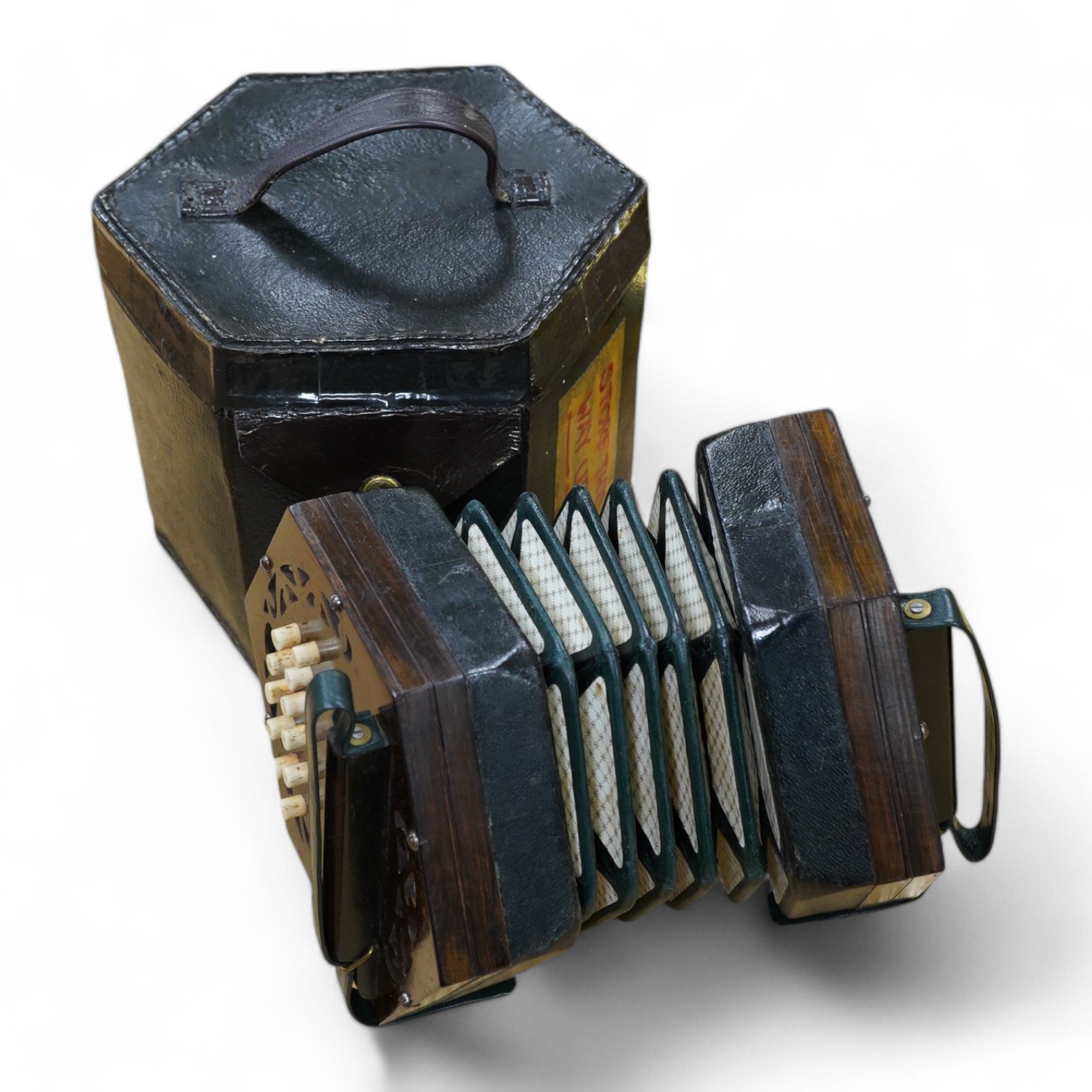 A leather cased mid 19th century Lachenal, London, 23 button concertina. Condition - fair to good, some wear to the case, the bellows appear sound and strong.